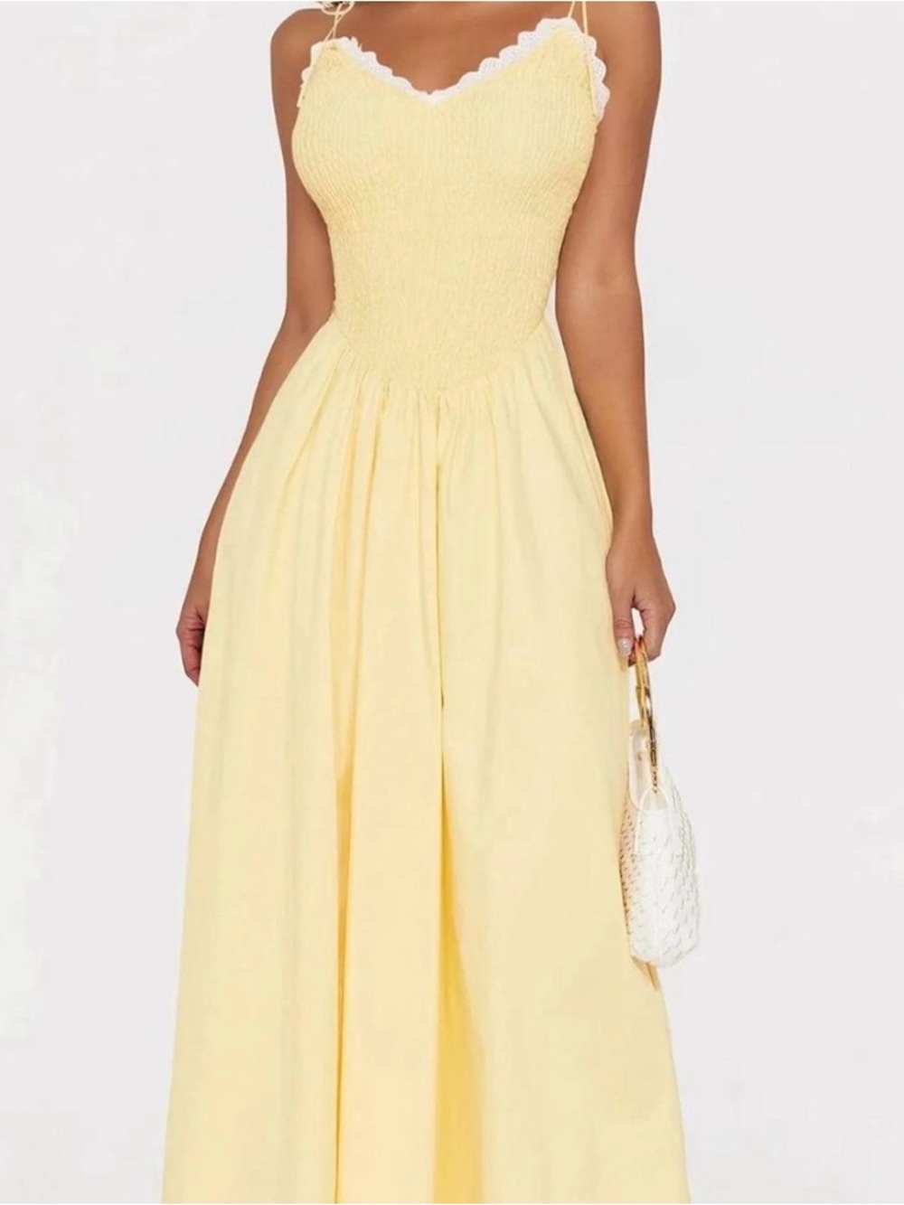 Fashion Nova Pale Yellow Smocked Bodice Maxi Dress